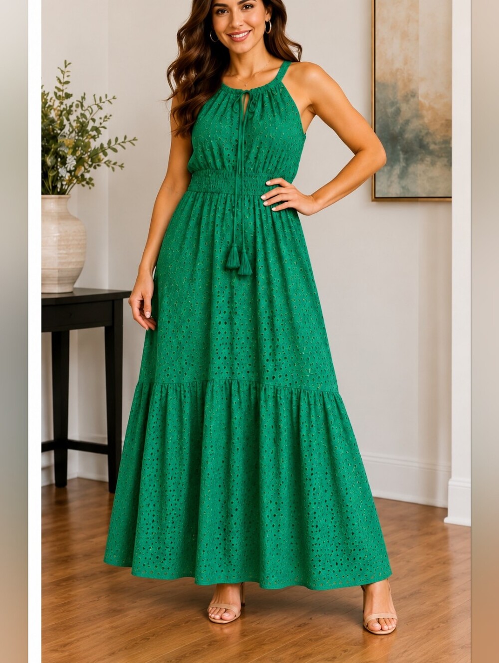 Vince Camuto Green Eyelet Halter High-Low Maxi Dress Size 4